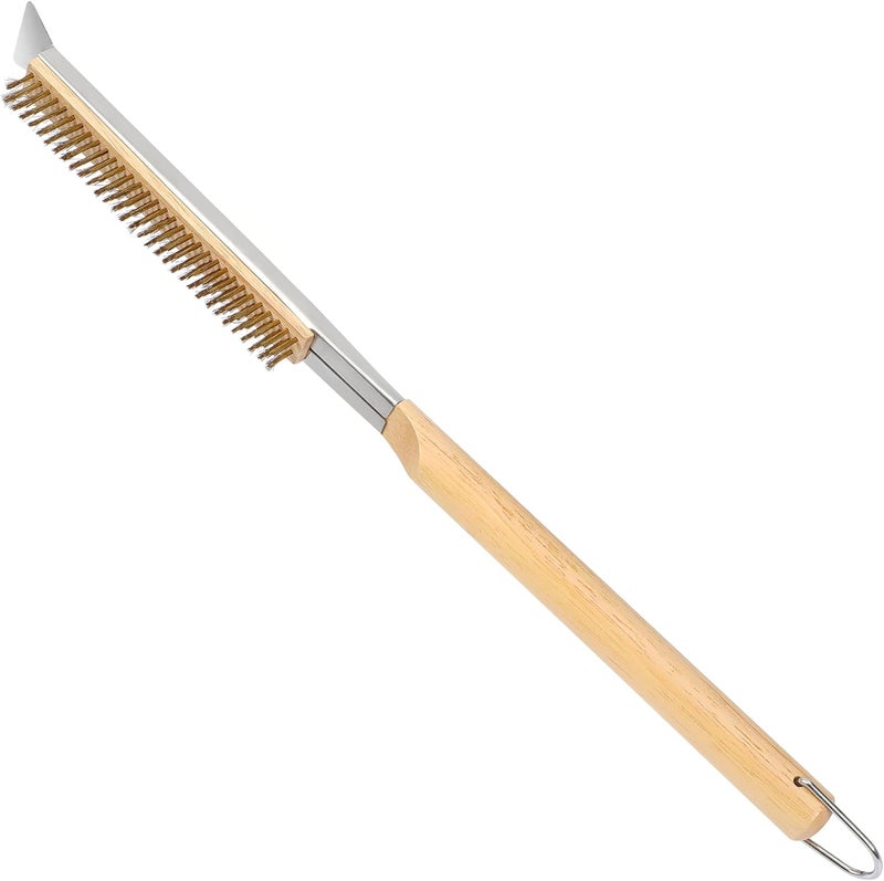 Leightszen 21'' Pizza Brush with Stainless Steel Stone Scraper - Brass Bristles - Wood Handle - Hanging Ring - Outdoor Pizza Oven Accessory - Compatible with Ooni, Gozney, Blackstone, Solo Stove Ovens - Image 1